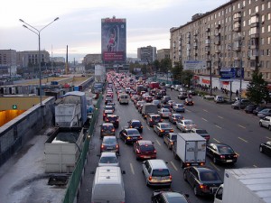Пробка в Москве около метро Сокол